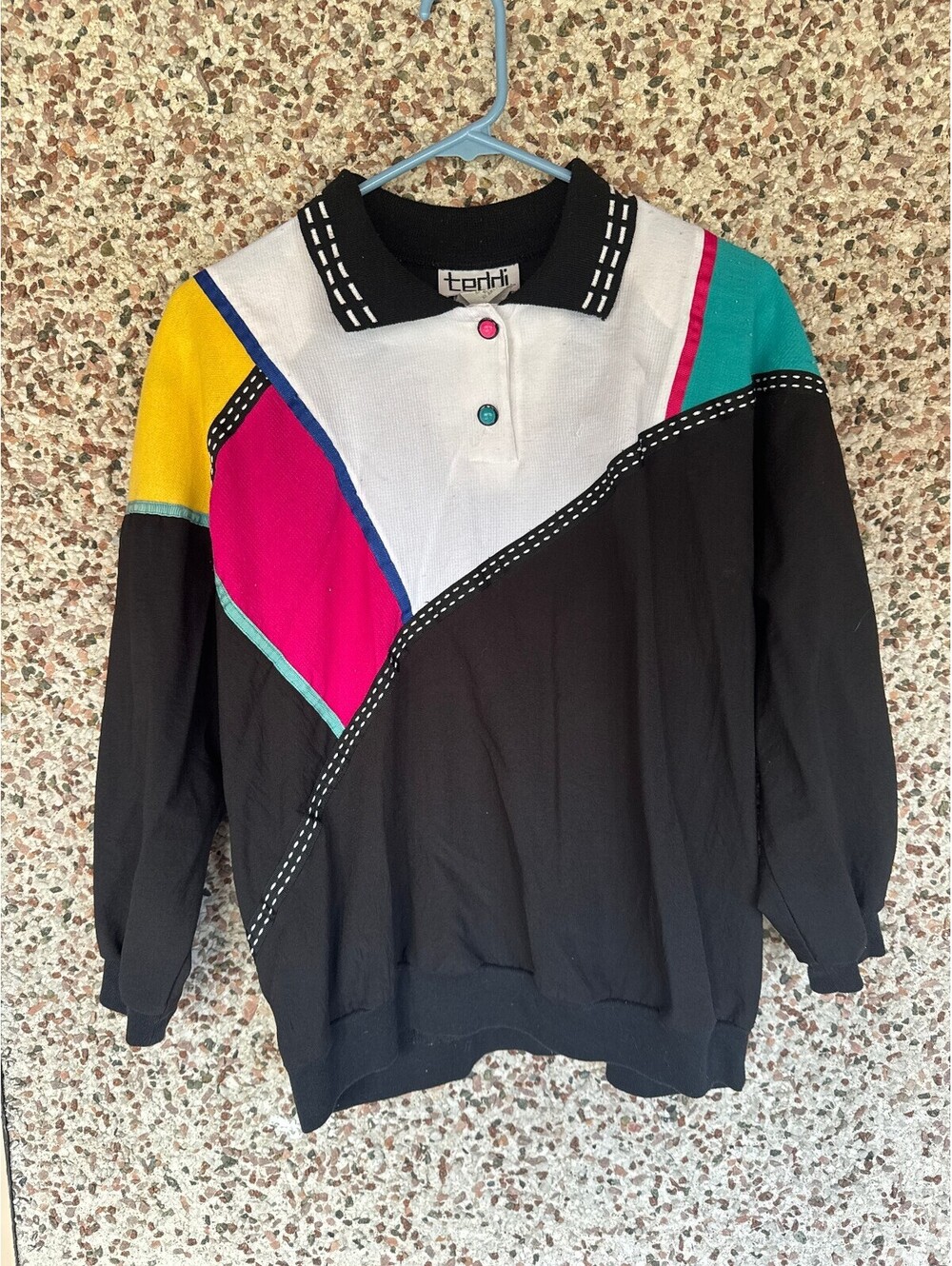 Teddi 90s Style Colorblock Polo Collar Sweatshirt Geometric Pullover XL